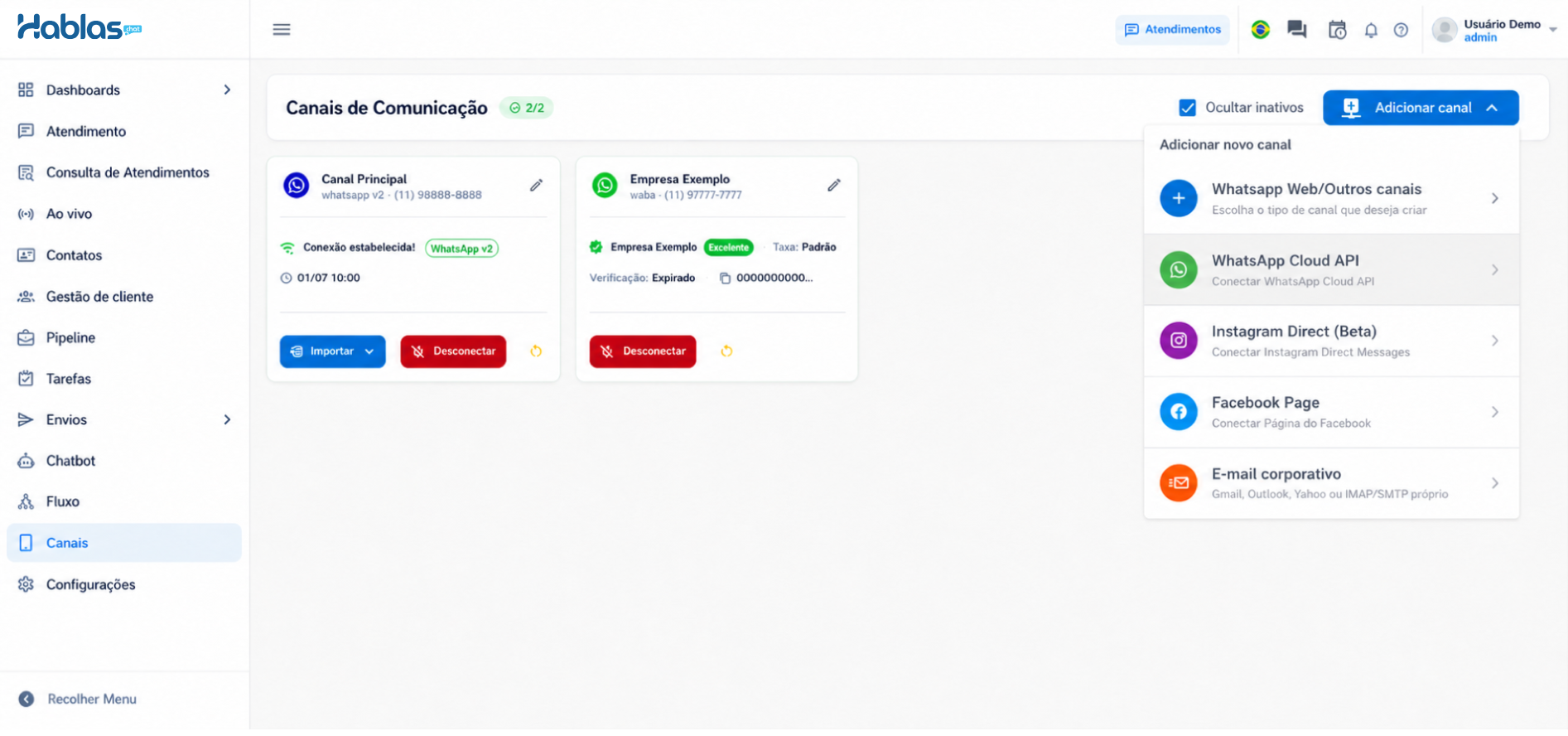 Gestão de canais do WhatsApp, Instagram e Facebook no Hablas
