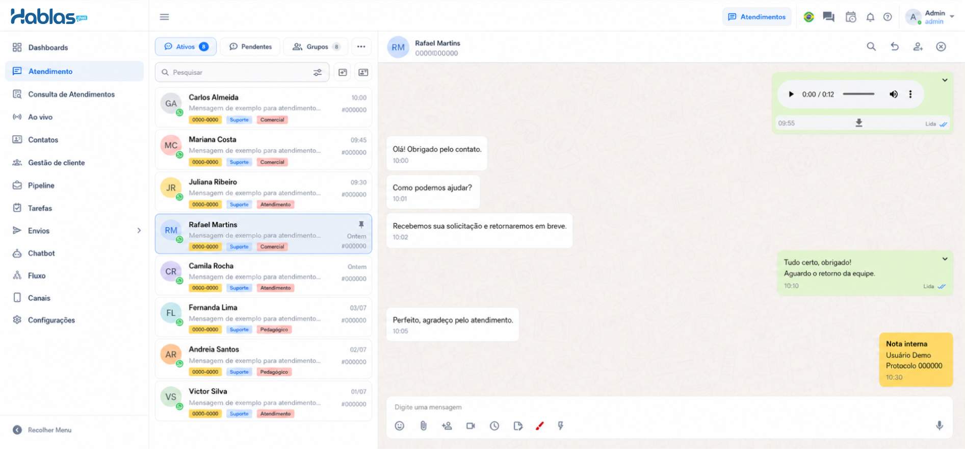 Tela real da central de conversas do Hablas